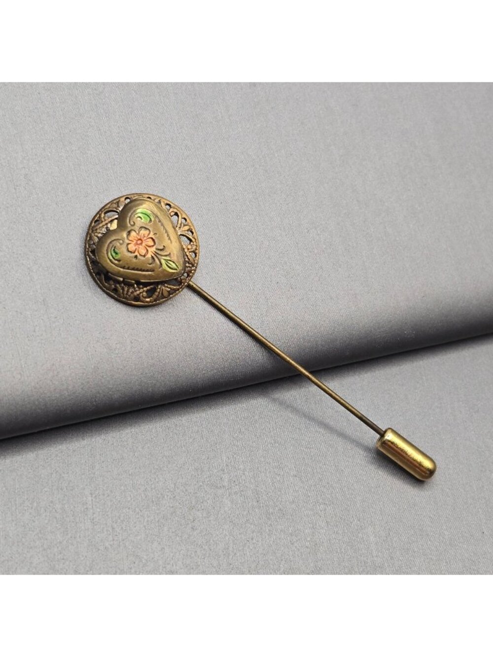 Vintage Victorian Revival Brass Heart Locket Stick Pin Enamel Floral Statement